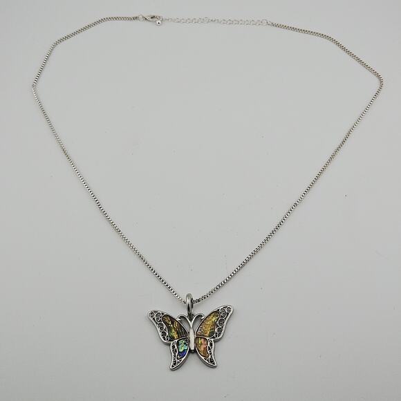 Mother Of Pearl Abalone Shell Butterfly Pendant Charm Necklace Silver Chain - Picture 5 of 6